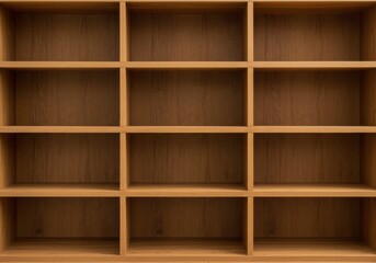 A wooden cube shelf unit offers multiple empty compartments for organized storage or display