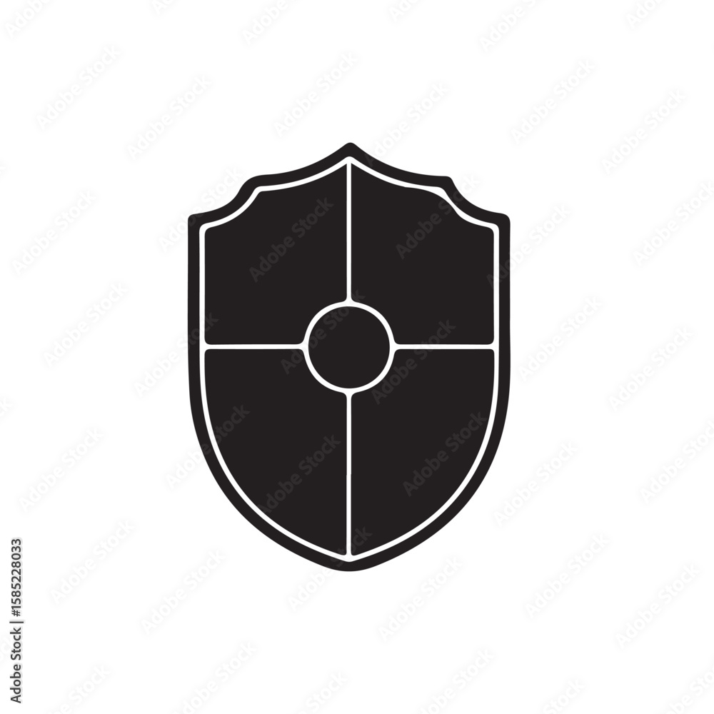 Poster a black and white shield with a circle in the middle and lines dividing the shield into quadrants