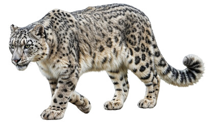 a magnificent snow leopard, Panthera uncia, with spotted fur, gracefully walking