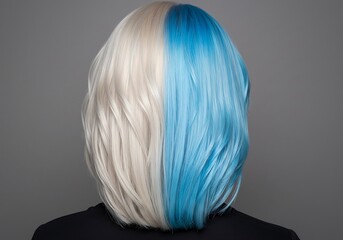 Naklejka premium Half Blonde and Half Blue Colored Hairstyle Rear View on Grey