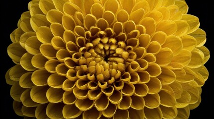 Close-up of a gold colored dahlia flower bloom presenting layers of petals in a symmetrical arrangement