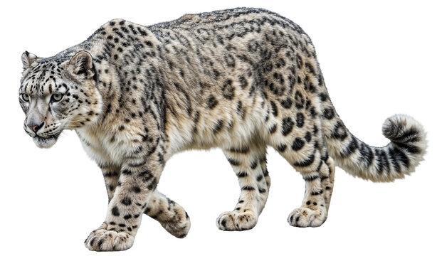 a magnificent snow leopard, Panthera uncia, with spotted fur, gracefully walking
