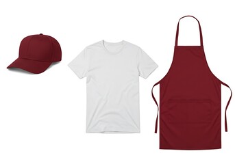 Mockup of Maroon Cap, White T-Shirt, and Maroon Apron Apparel Items