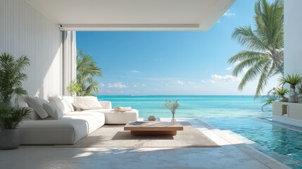 Luxurious Beachfront Villa Living Room with Ocean View Modern White Sofa and Infinity Pool