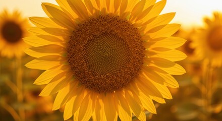 A bright, large sunflower dominates the frame, surrounded by a golden field of more sunflowers