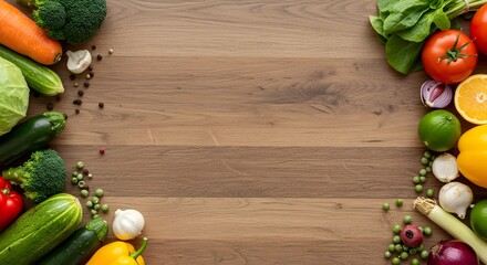 Fresh Assortment of Colorful Organic Vegetables Arranged on Wooden Table Ready for Cooking