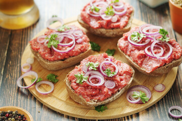 Traditional German sandwiches with minced meat Mettbroetchen