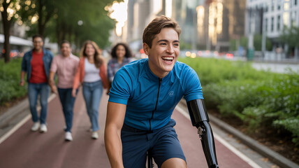 Inclusive outdoor exercise with diverse group of friends biking, featuring person with prosthetic arm
