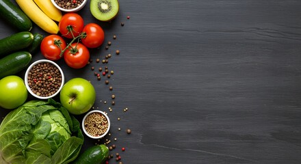 Colorful Assortment of Fresh Fruits and Vegetables Arranged on Dark Wooden Surface for Healthy Diet