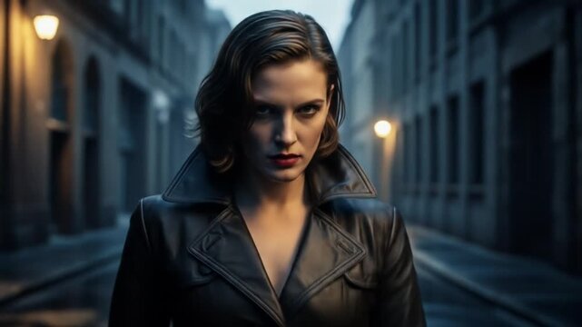 Mysterious woman in a black leather coat standing in a city street at night