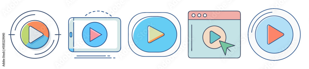Poster stylized collection of play button icons with different color schemes and styles