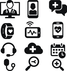 10–12 solid black silhouette EPS icons on white background representing telemedicine and digital health technology for remote healthcare.