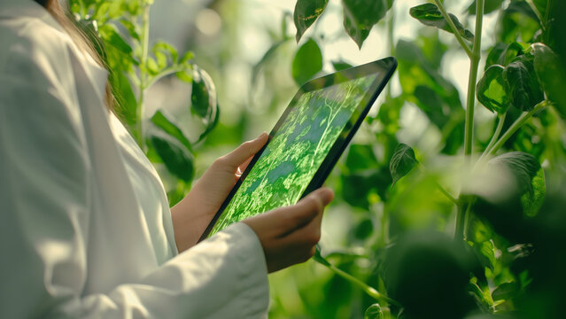 Woman agronomist scientist holding digital tablet with plant analysis data in laboratory greenhouse for biotechnology research.