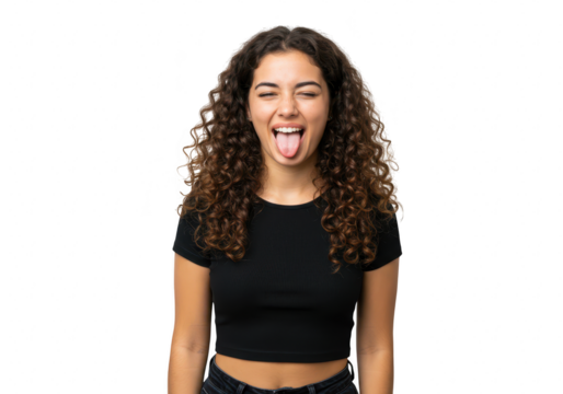 A young woman with curly hair sticks her tongue out playfully while her eyes are closed, isolated on transparent background