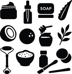 Natural Skincare Products  Serum, Cream, Aloe & More  Solid Black EPS Silhouette Icon Set