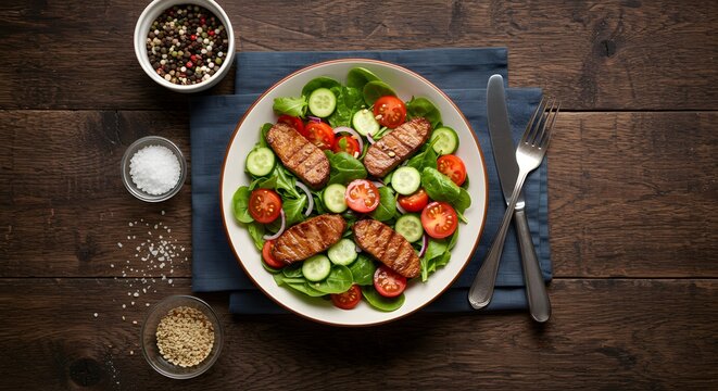 Vibrant Fresh Salad With Grilled Chicken, Cucumbers, And Cherry Tomatoes On Wooden Table