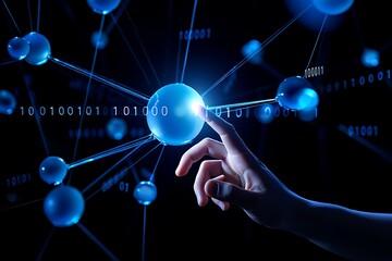 Human finger touching a glowing blue sphere in a digital network of interconnected nodes with binary code flowing through