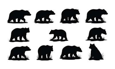 Multiple Bear Silhouettes Depicted Walking and Sitting on a White Background Design Element