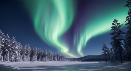 Stunning winter landscape featuring vibrant Northern Lights auroras over snow-covered forest and hills under a peaceful night sky.