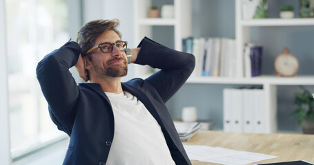 Happy businessman, thinking and relax with rest for deadline success, completion or break in...