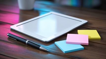 Modern Workplace Tablet Pen Sticky Notes Clean Office Desk Setup for Productivity and Efficiency