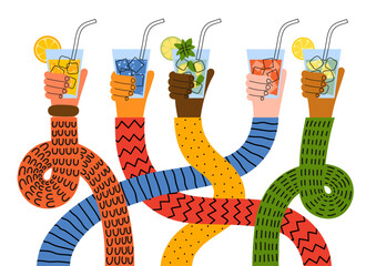 Hands holding glasses of mojito, caipirinha, lemonade, water and juice.