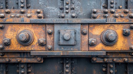 Bridge expansion joints overhead perspective of historic steel construction showing rust patina bolt patterns and structural engineering details