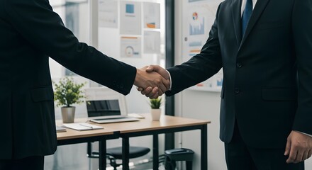 Businessmen Shaking Hands in Modern Office Setting, Symbolizing Partnership and Collaboration