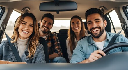 Four smiling friends inside a car two in front and two in the back