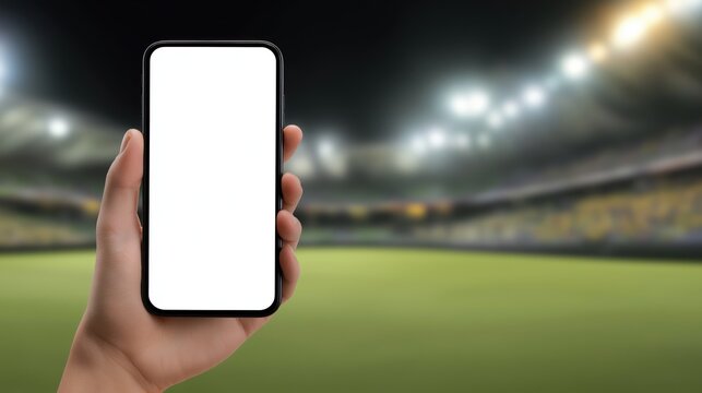 Hand Holding Smartphone with White Screen – Football Stadium Background with Green Field and Glowing Floodlights