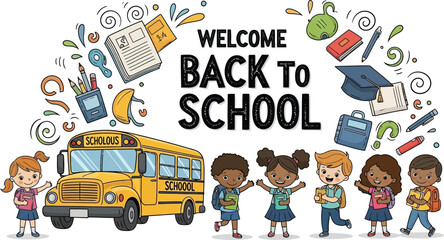 Vector art of a colorful illustration of a school bus and diverse children with school supplies, isolated on white background, welcoming students back to school