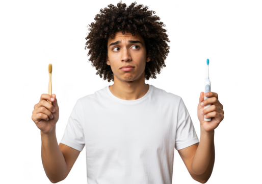 A man with curly hair looks confused while holding a manual toothbrush and an electric toothbrush isolated on transparent background