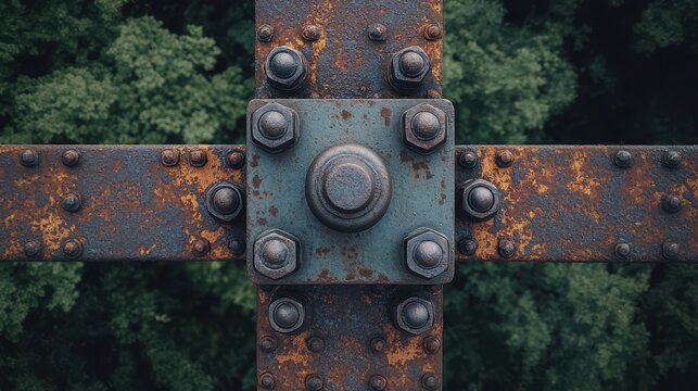 Bridge bolt connections overhead perspective vintage steel framework corroded hex bolts rivets metal plates natural forest background
