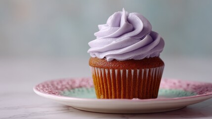 Delicious cupcake with two-toned buttercream frosting and lavender sprinkles sits on a small pink plate with decorative pastel pottery in the background