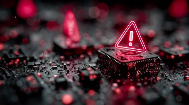 ddos attack on a circuit board in red hues with danger error messages ()