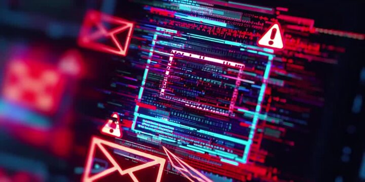 Phishing Email Concept with Glowing Digital Envelope Containing Embedded Malicious Code Patterns Surrounded by Glitch Effects and Warning Signs in Ominous Lighting Cybercrime Theme Ultra-Detailed High