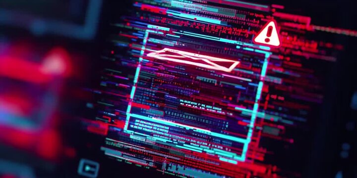 Phishing Email Concept with Glowing Digital Envelope Containing Embedded Malicious Code Patterns Surrounded by Glitch Effects and Warning Signs in Ominous Lighting Cybercrime Theme Ultra-Detailed High