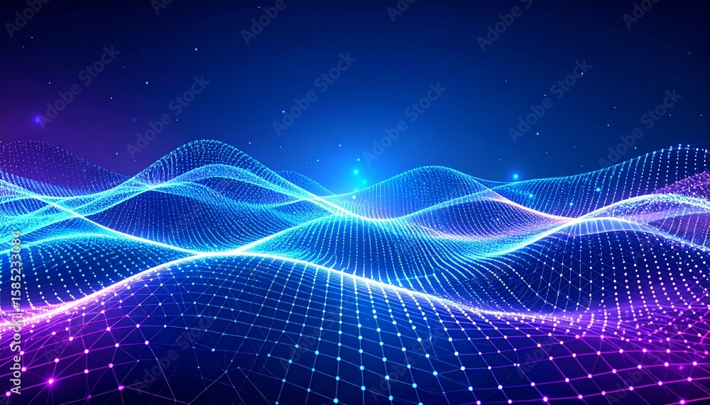 Poster fractal design of blue digital wave patterns creates a futuristic technology backdrop with abstract 
