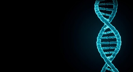 Futuristic 3d illustration of glowing light blue DNA helix, genetic code on black background with free space for text.