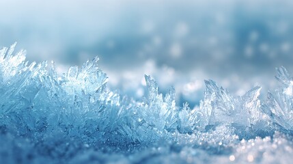 Close-up of intricate ice crystals, icy blue and translucent, detailed patterns