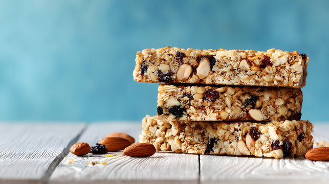 Tasty granola bars on a white wooden table against a blue background. - Powered by Adobe
