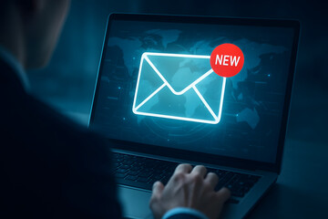 New Email Notification on Laptop Screen with Person Typing on Keyboard
