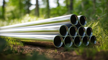 Polished Stainless Steel Pipes on Grass and Soil – Outdoor Forest Scene with Reflections of Natural Light