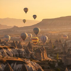Numerous hot air balloons ascend over a unique rock formation landscape at sunrise.