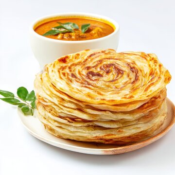Stack of flaky parotta served with curry isolated on white background