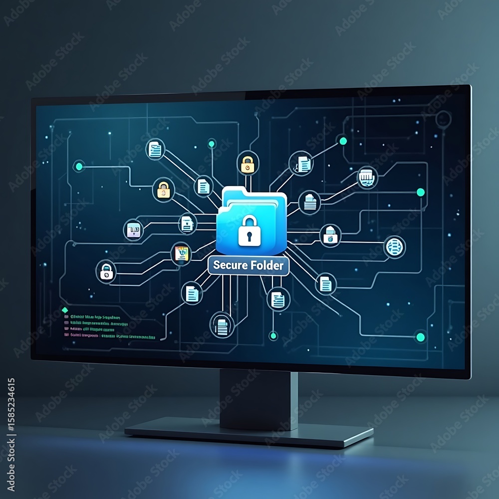 Poster a computer screen displays cybersecurity network protection and data privacy