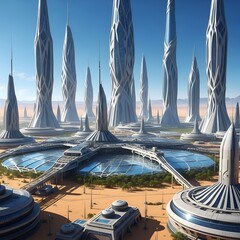 Futuristic city with towering structures, reflecting pools, and advanced architectural design.