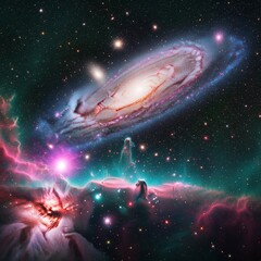 Naklejka premium Colorful Space Scene, Galaxies, nebulas, cosmic landscapes with vivid hues
