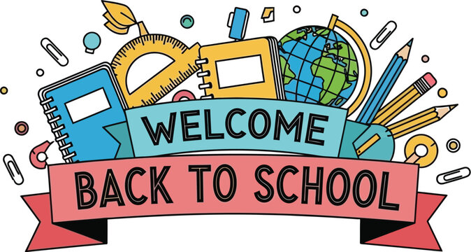 Vector art of a colorful back to school illustration features school supplies and a banner with the text welcome back to school, isolated on white background