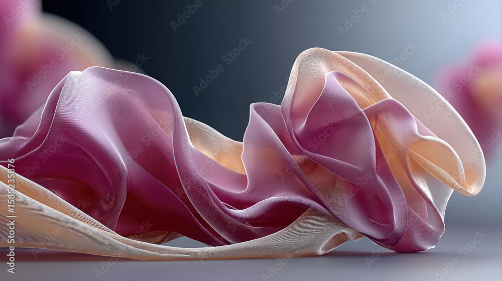 Poster soft pink and peach translucent fabric with delicate folds, smooth texture, and gentle light reflect